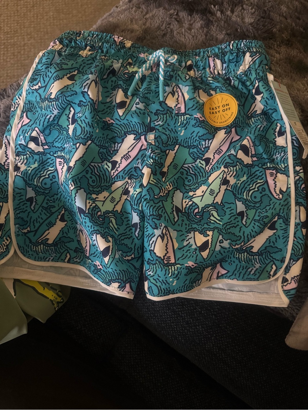 Cat & Jack Teal Shark Print Boys Swim Trunks